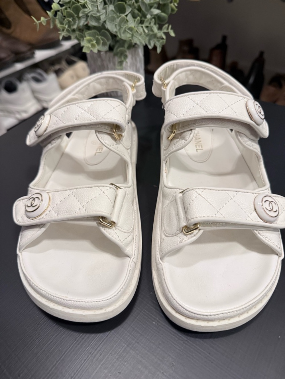 White Quilted Leather CC Logo Strap Sandals